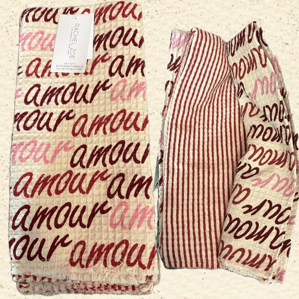 Rachel Zoe Amour Script Stripe Waffle Weave Kitchen Towels 3 Pack Burgundy Cream